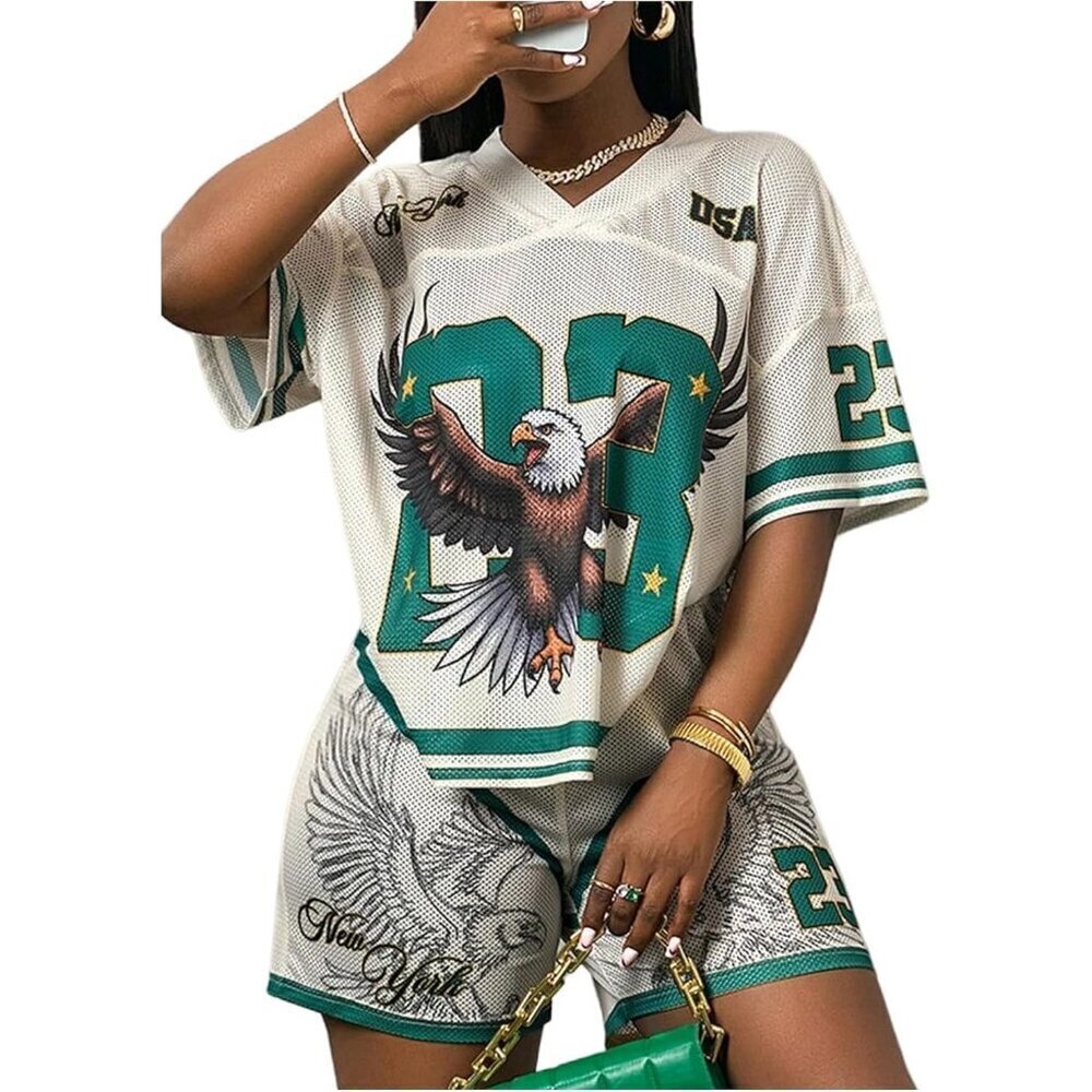 Women's 2 Piece Mesh Short Sleeve Jersey T Shirt and Shorts Set Summer Casual